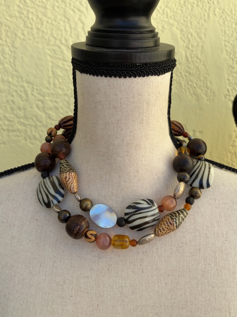 Premier Designs Multi-Strand Zebra & Wood Bead Necklace - Brown